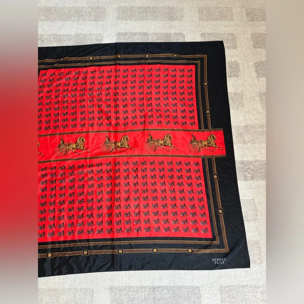 Vintage Hermes Paris Silk Horse and Carriage Scarf Red and Black
